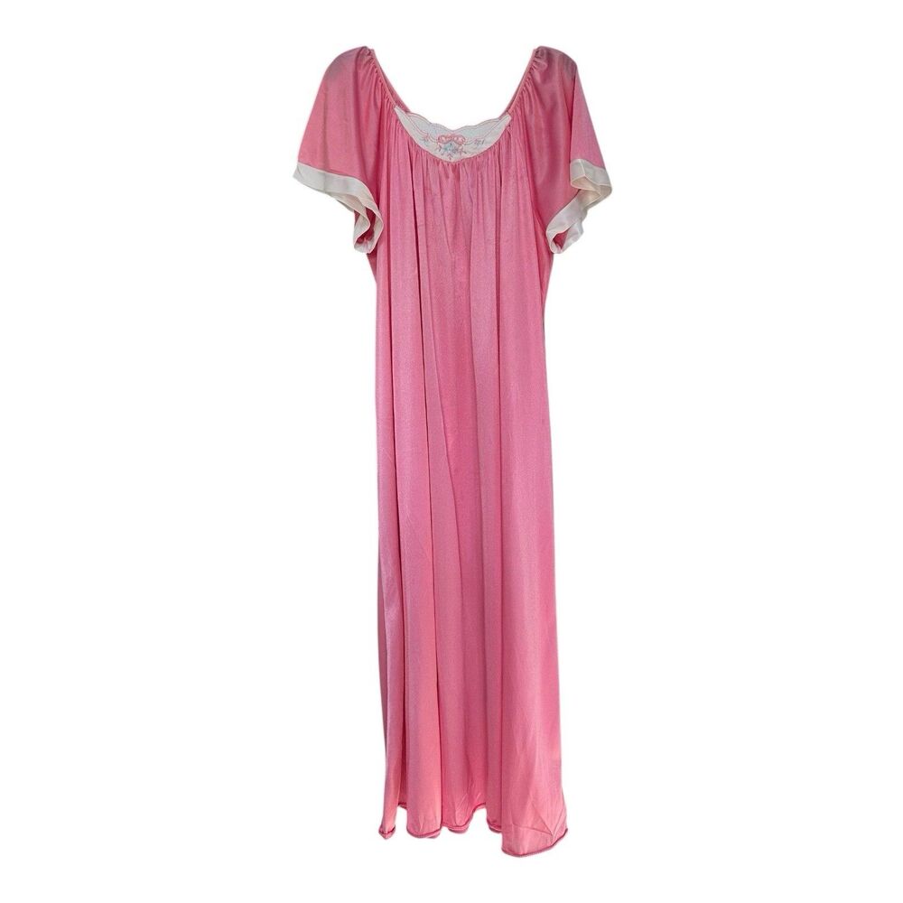 Vintage Carriage Court Pink Satin Nightgown Embroidered Yoke Lace Trim L